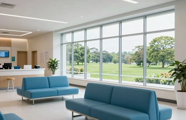 A modern healthcare facility lobby in the US, featuring clean lines, comfortable seating in ocean blue, and large windows looking out onto a peaceful green landscape.