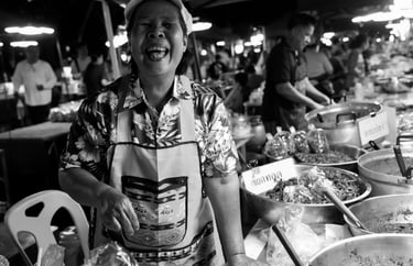 Nan street photography black and white night food stalls Thailand local life