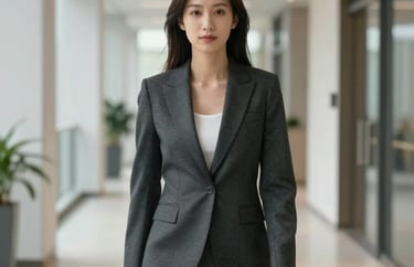 A professional portrait of a woman in a charcoal blazer standing in a bright, modern hallway with clean lines. North American corporate setting, sophisticated mood.