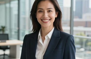 A professional headshot of a woman in business attire, smiling warmly in a modern glass-walled office in a North American city. Natural daylight, clean composition.