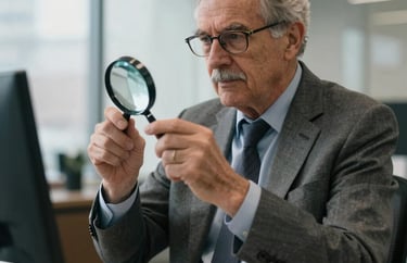 A professional portrait of a senior numismatist in a modern office, wearing a grey suit and holding a magnifying glass. North American / US office environment, modern and professional.