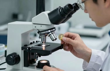 A professional photograph of an expert examining a coin under a microscope in a clean, modern lab setting. Focus on the tools and the professional atmosphere. North American / US context.