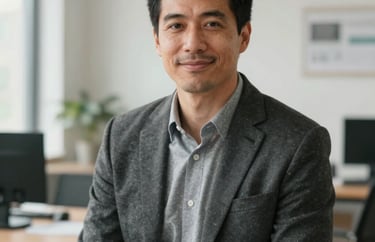 A professional portrait of a man in business casual attire, looking directly at the camera with a friendly and approachable expression, set in a clean North American workspace with soft, natural lighting.