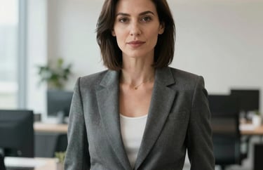 A professional portrait of a woman standing in a contemporary Canadian office, wearing a modern blazer. The background is brightly lit with a clean, sophisticated aesthetic.