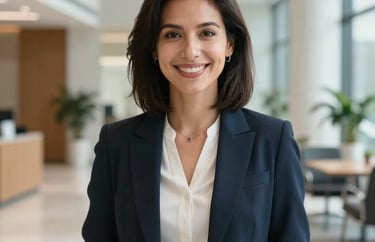 A professional portrait of a woman with a friendly smile, dressed in a contemporary professional outfit, in a bright North American office lobby.