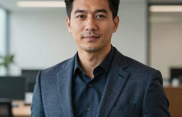 A professional portrait of a man in a smart casual outfit, set against a backdrop of a clean, well-lit modern corporate environment in North America.