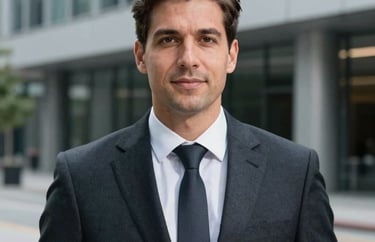 A professional portrait of a man in business attire, looking confident and approachable, set against the backdrop of a modern Canadian architectural structure.