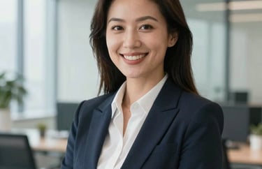 A professional portrait of a woman in business attire, smiling confidently in a bright, modern North American office setting with a blurred background of glass walls and architectural details.