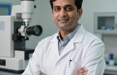 Professional headshot of a Pakistani quality assurance director in a clean white lab coat, standing in front of a modern medical equipment facility. The lighting is soft and professional, conveying trust and medical expertise.