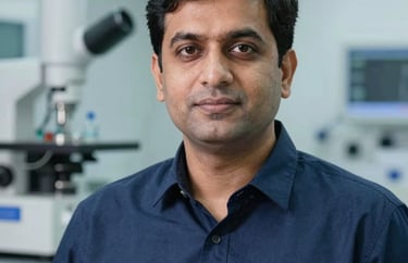 Professional headshot of a lead biomedical engineer in Pakistan, wearing a navy blue button-down shirt. The background is a blurred high-tech medical workshop, emphasizing precision and innovation.