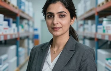 Professional headshot of a female head of logistics in Pakistan, wearing a professional dark grey blazer. The background shows a modern, organized medical warehouse with soft blue lighting.