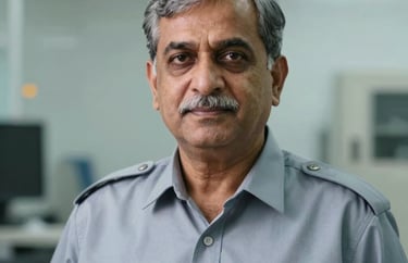Professional headshot of a senior Pakistani manufacturing supervisor in a sterile environment, wearing a light grey-blue uniform. The composition is clean and focused, reflecting reliability and authority.
