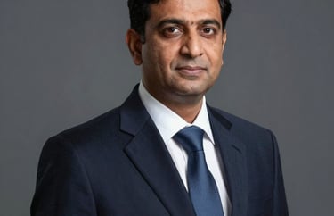Professional headshot of a chief procurement officer in Pakistan, wearing a sophisticated dark navy suit. The lighting is studio-quality, conveying a sense of corporate leadership and medical industry expertise.