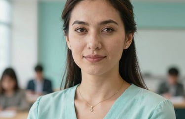 Professional headshot of a female educator in a modern academic environment, North American / Global. Sharp focus, bright lighting, pale aqua accents in the background.