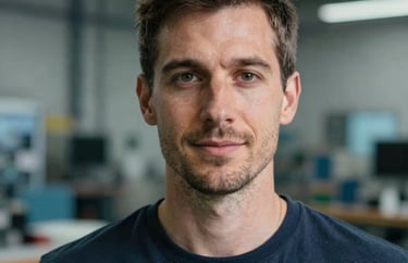 Professional headshot of a male engineer in a contemporary workshop, North American / Global. Industrial but clean background with blue and teal highlights.