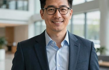 Professional headshot of a male innovation strategist in a bright, modern corporate atrium, North American / Global. Trustworthy and professional appearance.