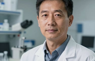 Professional headshot of a male scientist in a high-tech laboratory, North American / Global. Clean composition, professional attire, soft grey background.