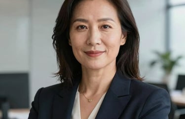 Professional headshot of a female leader in a sleek, modern office setting, North American / Global. Soft natural light, grey background, conveying confidence and expertise.