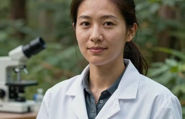 Professional headshot of a female sustainability researcher in an outdoor field station, North American / Global. Natural light, professional focus, background of greenery.