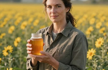 A portrait of a female botanist standing in a blooming North American / US flower field, holding a jar of organic golden honey in soft natural sunlight.