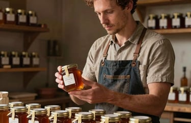 A portrait of a male artisan packaging specialist inspecting custom event honey jars inside a rustic wooden workshop.