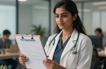 A professional South Asian woman in a modern office, representing a speech and language pathologist, holding a communication board. She has a compassionate expression.