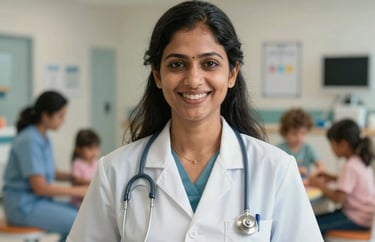 Portrait of a South Asian female Clinical Director in professional attire, smiling warmly in a clinical setting that looks modern and caring. The background is softly blurred to show a nurturing childcare environment.