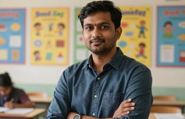 Portrait of a South Asian male special educator in a classroom with vibrant educational posters. He looks confident and nurturing.
