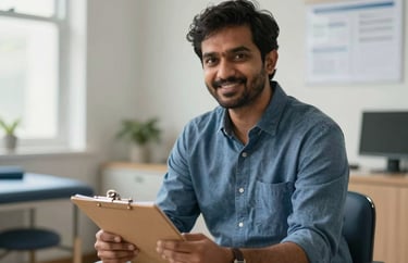 A South Asian male behavioral analyst sitting in a light-filled therapy room, holding a notepad and smiling kindly. He looks approachable and trustworthy.