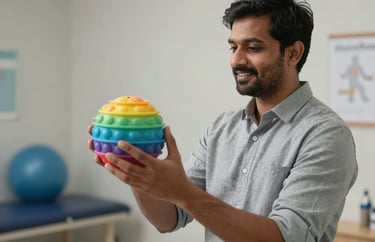 A South Asian male occupational therapist in a therapy room, holding a colorful sensory ball, looking friendly and professional. He is dressed in business casual attire suitable for a clinical role.