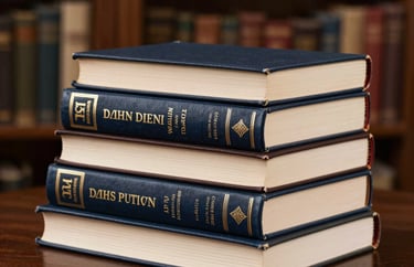 A stack of three hardcover books with elegant typography on the spines, placed on a dark wooden table in a sophisticated Indian home library.