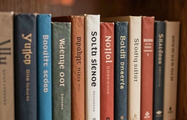 A shelf full of books with a focus on one title, warm wood textures, and a subtle terracotta glow in the background of a South Asian home.
