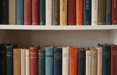 A bookshelf featuring a diverse collection of literature with a soft-focus background of a sophisticated South Asian living room.