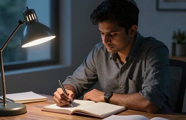 Atmospheric shot of a South Asian writer's workspace at twilight, featuring a glowing lamp, open notebooks, and deep blue and muted blue shadows.