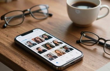 A stylishly arranged desk featuring a smartphone showing social media feeds, a ceramic tea cup, and a pair of reading glasses in a well-lit South Asian apartment.