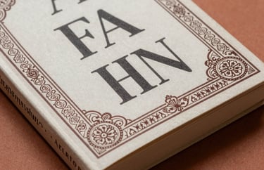 A close-up of a book cover with elegant Indian-inspired patterns and bold typography, sitting on a terracotta colored surface.