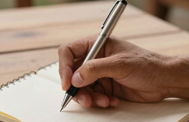 A close-up of a writer's hand holding a delicate pen over a notebook. The skin is captured with soft detail, set against a background of a light-colored wooden table in a South American patio.
