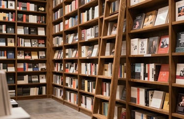 Interior shot of a sophisticated bookstore with floor-to-ceiling shelves and a ladder. The atmosphere is quiet, intellectual, and high-end, focusing on poetry and fine arts sections.