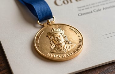 Close-up of a literary award medal or certificate on premium textured paper, resting on a dark wood surface. Subtle lighting highlighting the professional achievement.