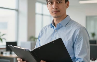 Portrait of a financial analyst holding a professional folder, looking at the camera with an expression of expertise. Bright office interior, North American / US.