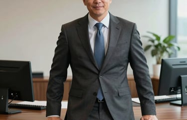 Portrait of a male executive in business formal attire leaning against a wooden desk in a professional Florida office. Trustworthy and experienced, North American / US.