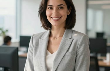 Portrait of a smiling professional woman in a light gray blazer standing in a sunny, modern office environment. Professional, North American / US.