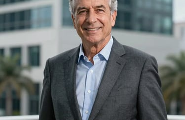 Portrait of a senior executive in a dark gray suit standing against a soft-focus background of a modern Florida office building. Professional and trustworthy, North American / US.