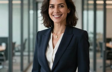 Portrait of a professional woman in a dark navy blazer, smiling confidently in a modern glass-walled office corridor. Professional, North American / US.