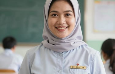 Professional portrait of a female Indonesian teacher in her thirties wearing a professional uniform, smiling warmly in a bright classroom setting.