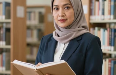 Portrait of a female Southeast Asian teacher in her forties, wearing a hijab and professional uniform, holding a notebook in a modern library.