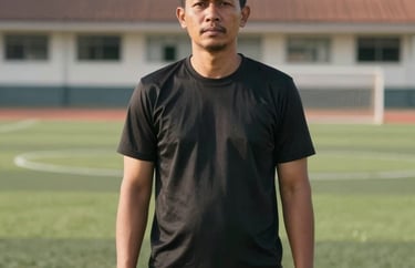 Portrait of a male Indonesian physical education teacher in athletic wear, standing on a green sports field at a school during the day.