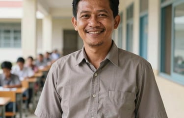 Portrait of a male Indonesian teacher in his late twenties, smiling in a brightly lit hallway of a primary school.
