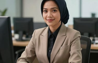 Portrait of a female Indonesian administrator in professional attire, sitting at a desk in a well-lit office with a friendly expression.