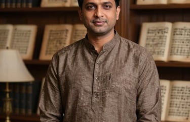 A professional portrait of a male South Asian / Indian faculty member in a modern brown linen kurta, standing in a library of ancient music manuscripts, luxury academy setting.